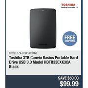 TOSHIBA 3TB Canvio Basics Portable Hard Drive USB 3.0 Model HDTB330XK3CA Black - $99.99 ($50.00 off)