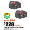 2-Pack Milwaukee M18 Redlithium XC 5.0Ah Batteries - $228.00 ($100.00 off)